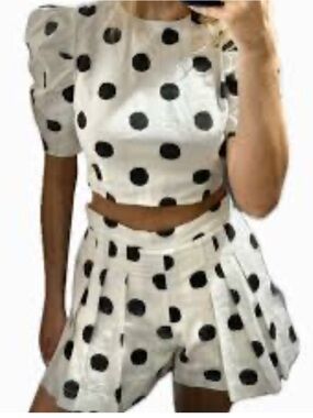 Polka Dot Two Piece Set Tan and Black Size Small